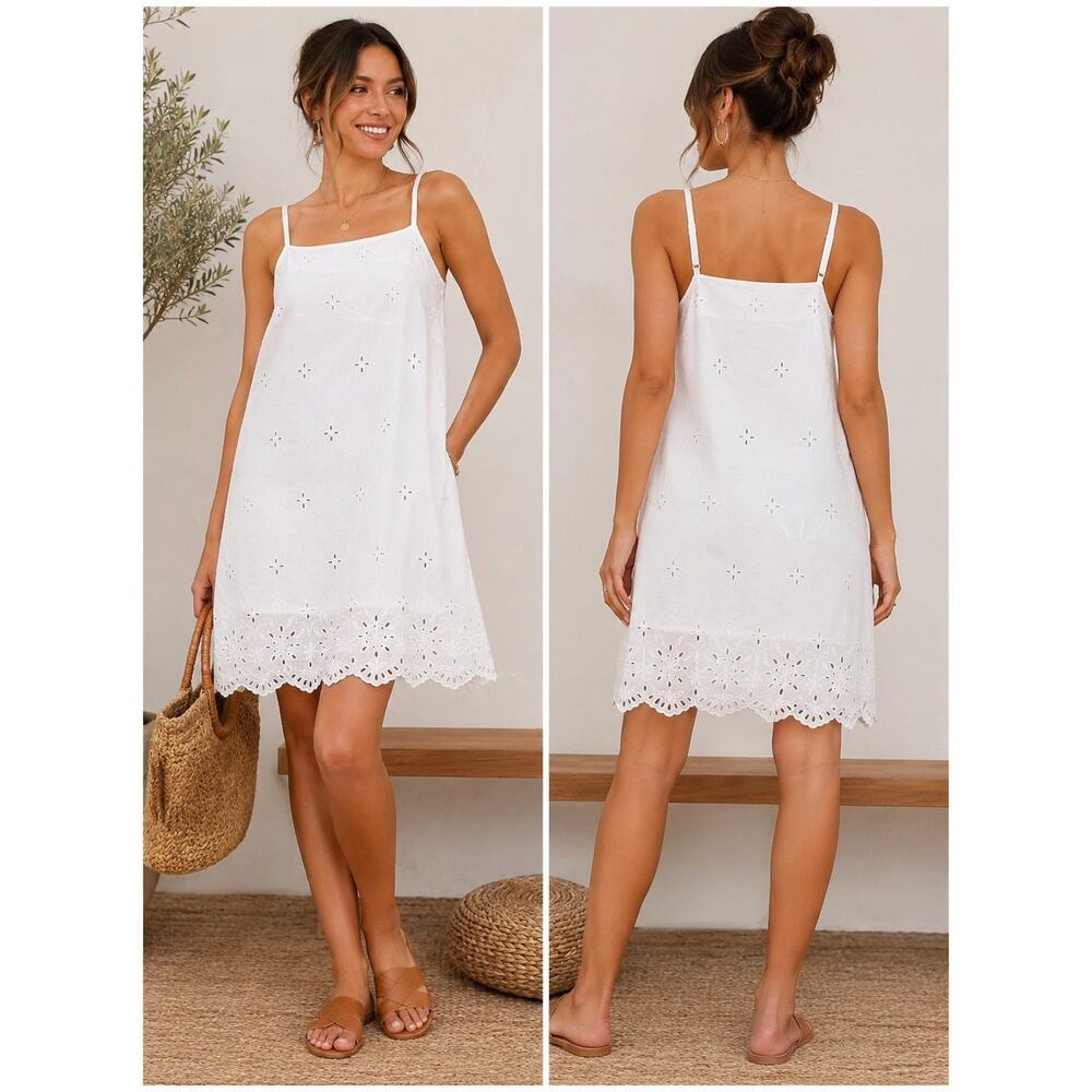 Old Navy White Embroidered Eyelet Dress With Ruffled Sleeves & Tie-Belt Medium